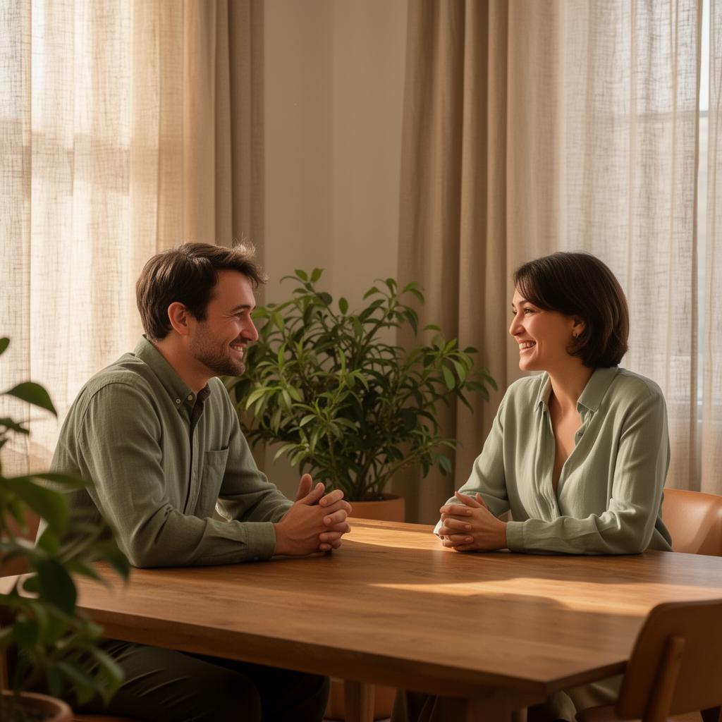 Two people meeting at a sunlit wooden table